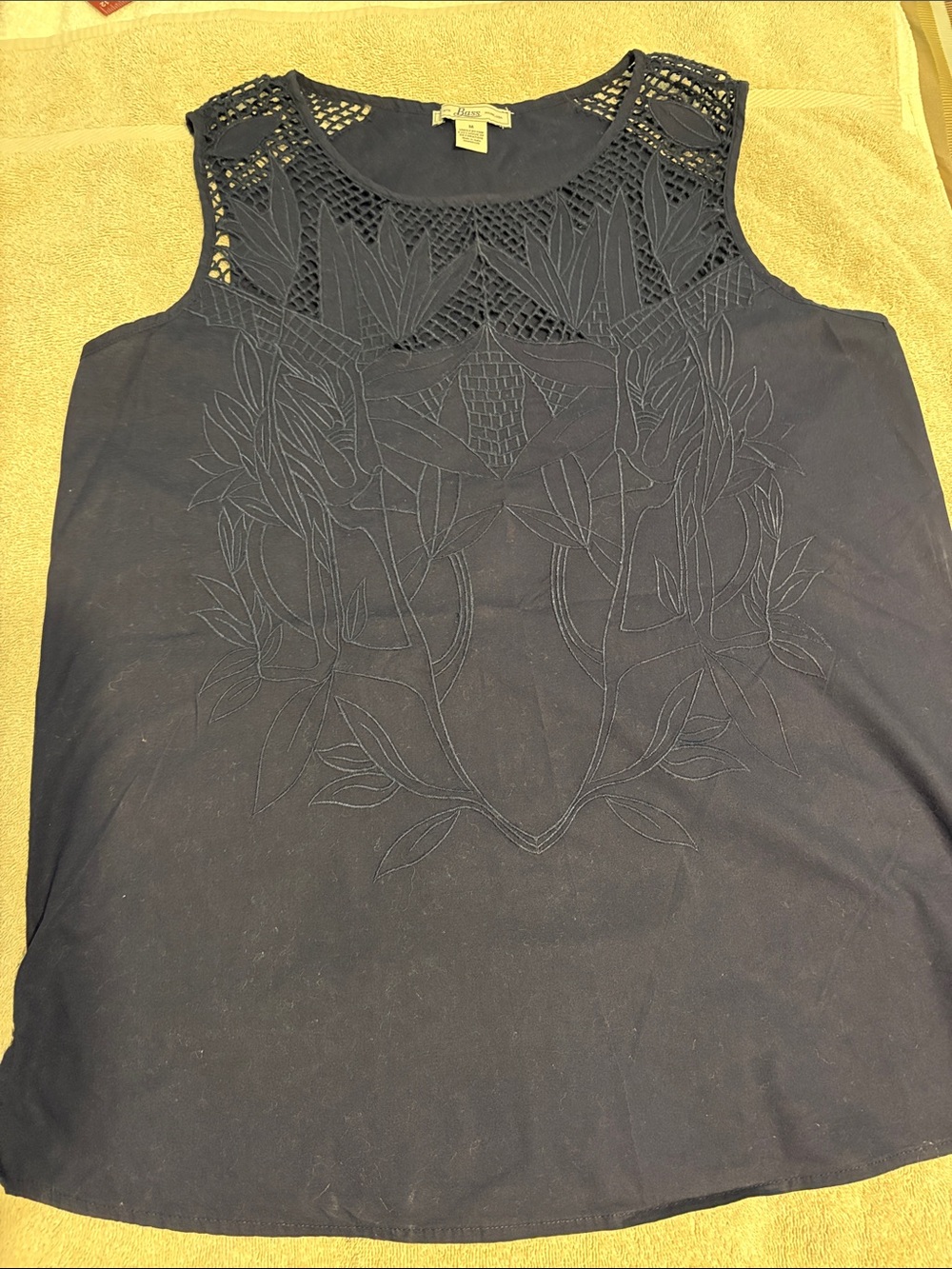 Bass Navy Sleeveless Tank with Crochet Yoke and Tonal Embroidery